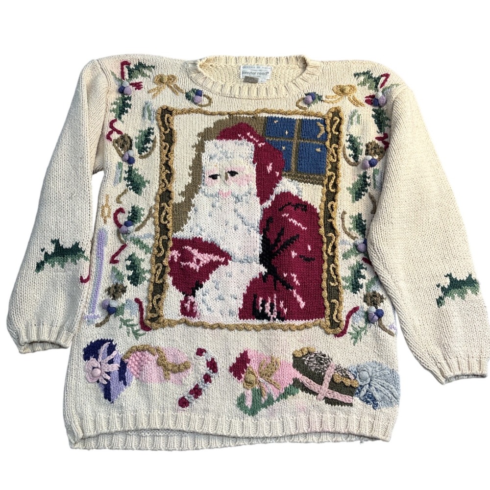 Jennifer Reed Vintage Hand Knit Santa Claus Christmas Sweater Cream Ramie Cotton